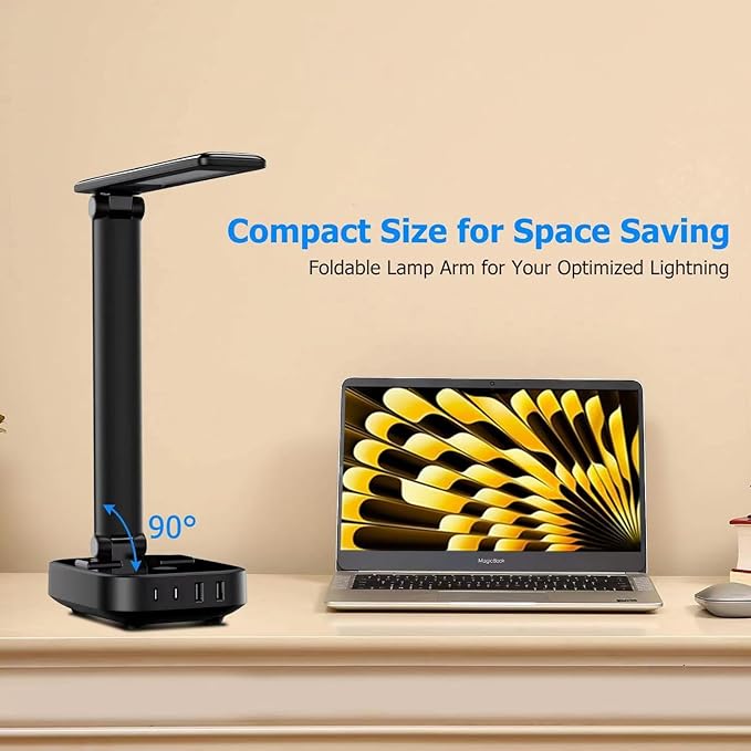 LED Desk Lamp with 4 USB Charging Ports and 2 AC Outlets,5ft Extension Cord Power Strip Station, 3 Level Brightness, Touch Dimmer Control, Office Table Eye Care Lamp Bedroom Hotel