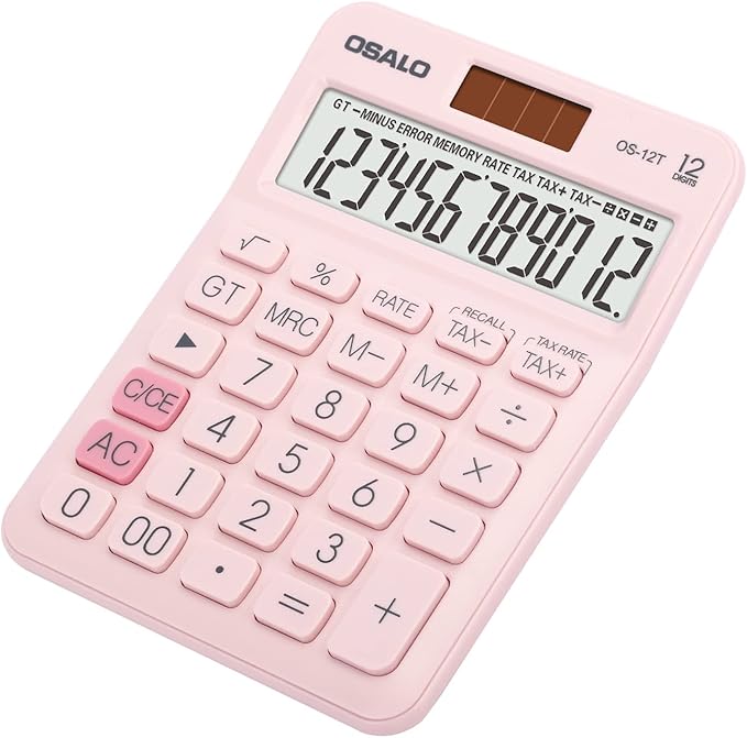Pocket Small Size Desk Calculator, 12 Digit Large LCD Display, Basic Tax Function Handheld Desktop Calculator with Solar Battery Dual Power, Perfect for Office, School, Business OS-12T (Pink)