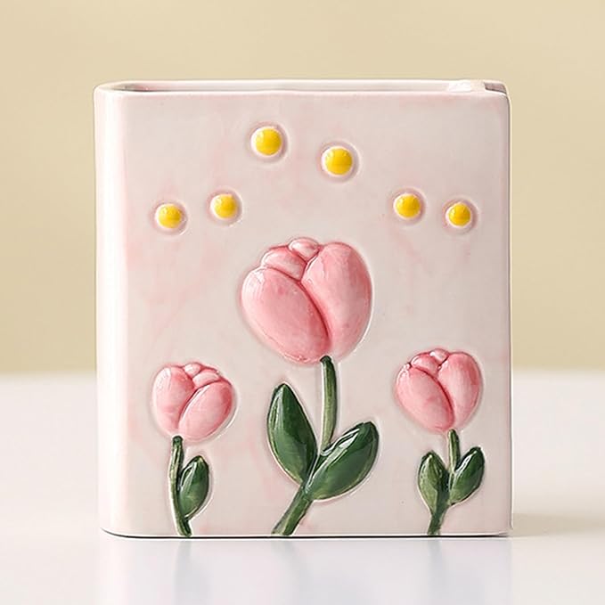 Book Vase Tulip Pencil Cup Pen Holder For Office Desk Decorative Books Pink Flower Vase Cute Toothbrush Holders Home Decor Teacher Book Gifts for Women Small Makeup Brushes Holder