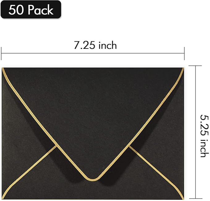 A7 Black Envelopes 5 x 7,50Pack,- For 5x7 Cards| Self Seal| Perfect for Weddings, Invitations, Photos, Graduation, Baby Shower| Thick Luxury Paper|5.25 x 7.25 Inches (Black)