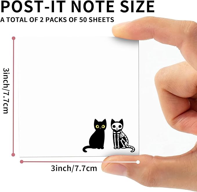 2 Pack Sticky Notes 3x3 Inches, Bright Cute Strong Sticking Power, Easy to Post for Home, Office, 80sheets/Pads, Black Skleton Cats