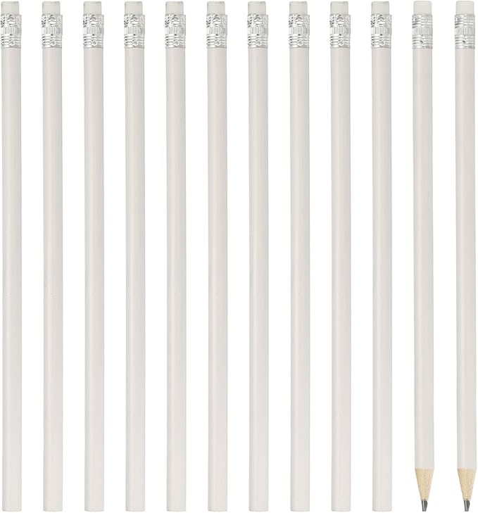 PATIKIL Round Wooden Pencils Bulk, 12 Pack HB Graphite Pencils with Eraser for Office Supplies, Engineering Marking Writing Art Drawing Supplies, White