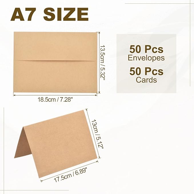 PATIKIL 50Pack Light Brown 5x7 Blank Cards and Envelopes, Self Seal A7 Envelopes with Folded Cardstock Small for Greeting Cards Wedding Greeting Birthday Invitations Letter Mailing