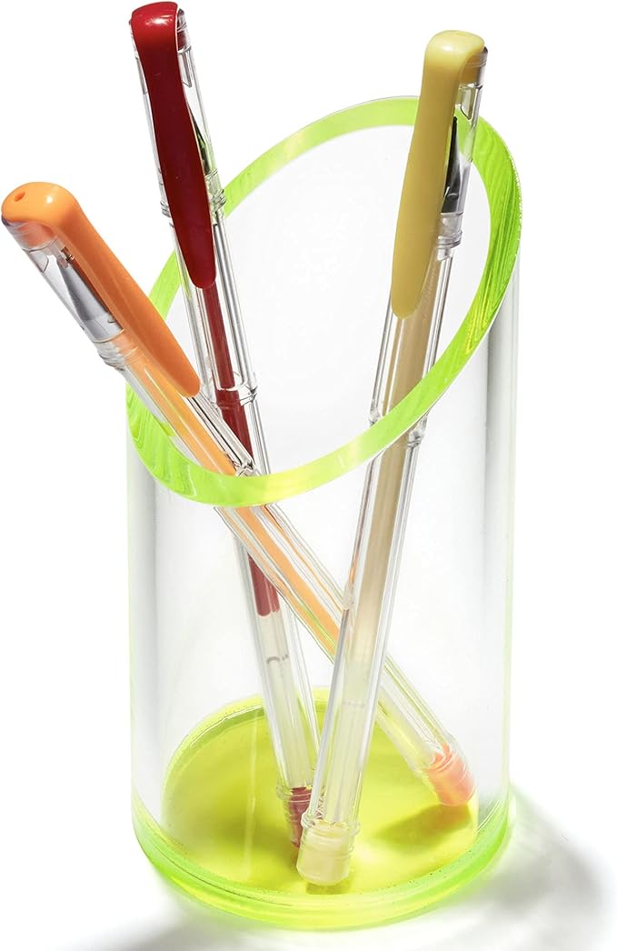 OfficeGoods Acrylic Pen & Pencil Holder - Modern Cylinder Design - Beautiful Desk Organizer for Home or Office - Contrasting Base & Rim - 5.25” H x 2.5” W - Neon Green