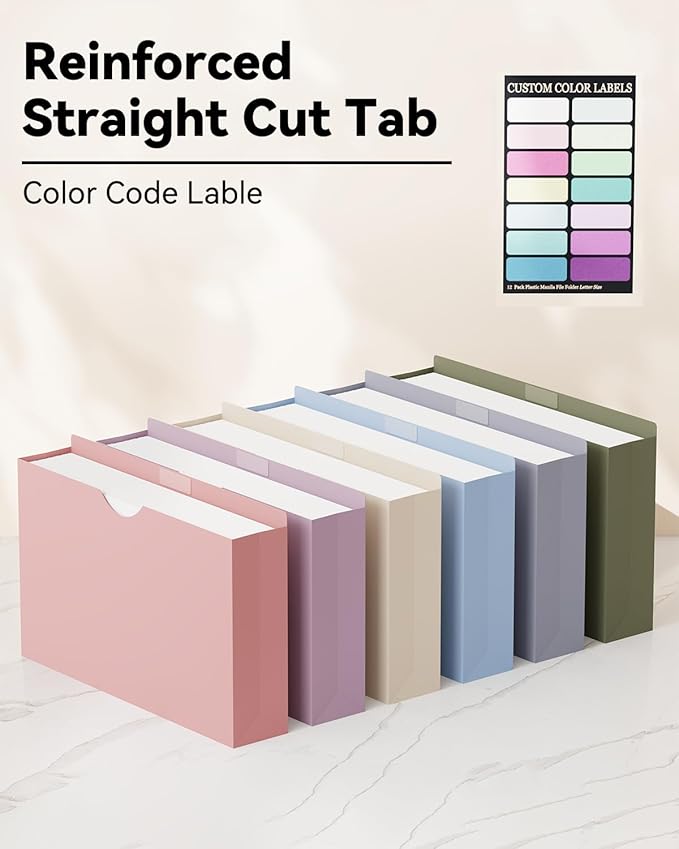 ANSOOK Plastic File Jackets,3" Legal Size Manilla Folders,12 Pack Expanding File Folder,Heavy Duty Expansion Pocket,File Cabinet Folders,Straight Cut Tab,Morandi Color Manila Folder for Home Office