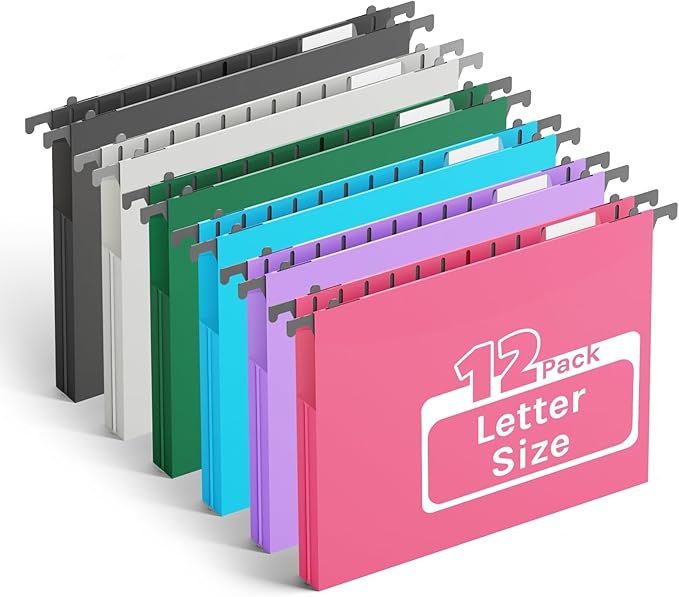 Ansook Extra Capacity Plastic Hanging File Folders,1" Expanding Accordian Pocket,Heavy Duty for Filing Cabinet, Hard and Durable Hang Folders,Insertable Tabs,Letter Size,Assorted Colors- 12 Pack