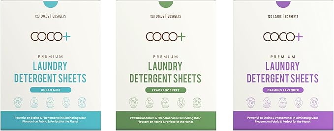 COCO+ Laundry Detergent Sheets - Nano-Concentrated with Enzymes, Hypoallergenic & Plant-Based - Deep Clean, Safe for Sensitive Skin - (120 Loads 60 Sheets) - Calming Lavender