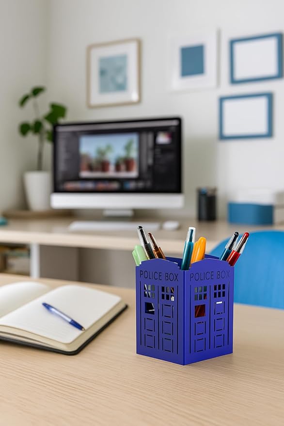 Mango Steam Metal Pen Holder, Makeup Brush Cup Organizer for Office, Bathroom, Vanity (Blue, Police Box)