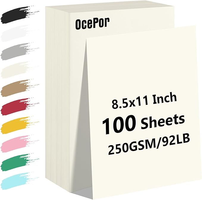 OcePor 100 Sheets Cream Cardstock Paper, Colored Printer Paper 8.5 x 11, Card Stock Thick Construction for Craft,Scrapbook，Office Printing, Invitations, Certificates，92 lb/250gsm