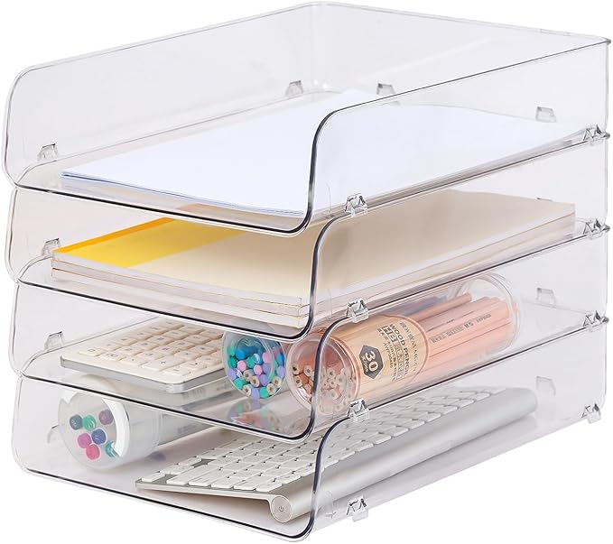 Gagee 4 Pack Clear Stackable Paper Organizer, Office Desk Organizer for Notes, Pens, File, Document, A4 Paper Holder
