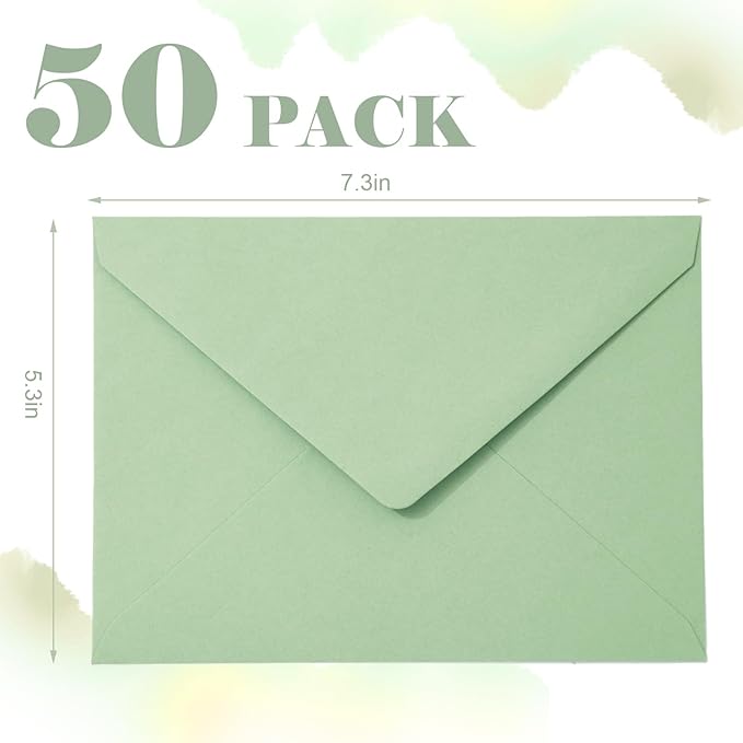 Whaline 50Pcs A7 Invitation Envelopes Set Pastel Green Greeting Card Envelopes V-Flap Envelope Gift Card Sleeves for Mailing Sending Card, 7.3x5.3 Inch