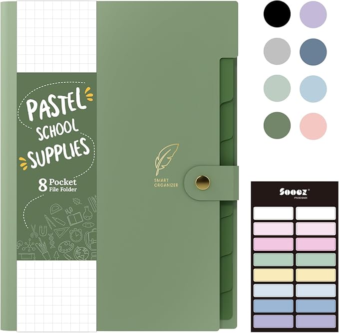 Sooez Aesthetic 8 Pocket Accordion File Organizer, Pastels Expanding File Folder for Important Document with Labels, Portable Receipt Bill Organizer for Office School Supplies, Letter Size Olive Green