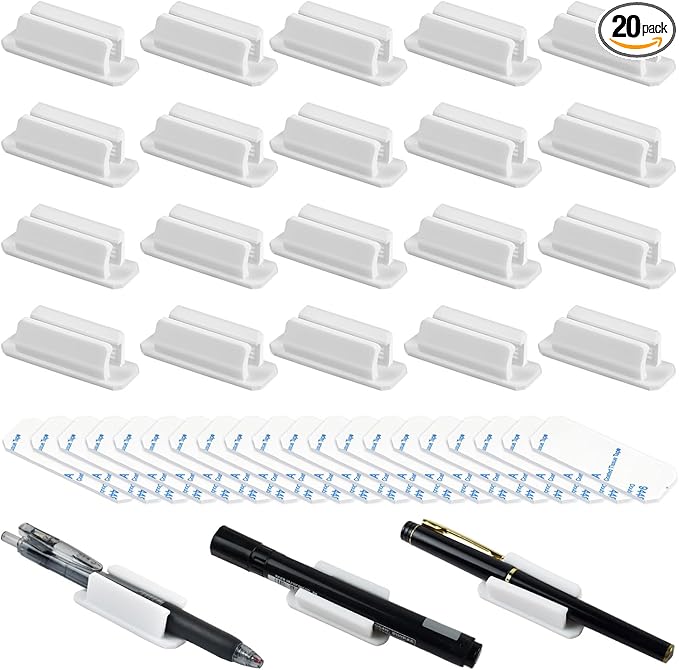 20 Pack Pen Holder Silicone,Adhesive Pen Holder for Desk,Marker Clip for Classroom Office Desk Accessories, Pencil Holder with 20 Double Sided Extra Sticky Tape (White)