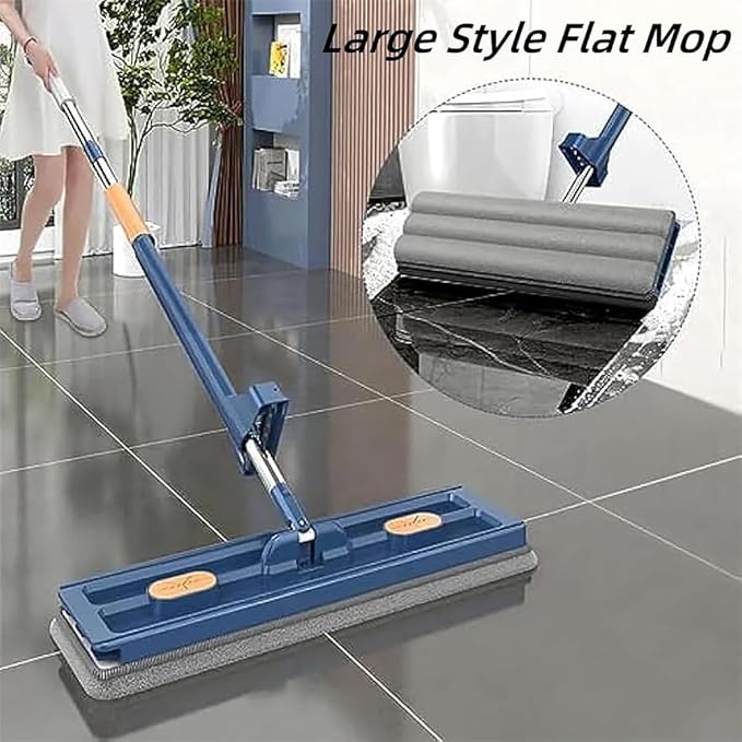 Large Flat Mop, Saker Plus Self Wringing Mop 360° Rotating Flat Mops with Washable Microfiber Pads, Independent Drainage Scraper Floor Cleaning System (Blue, 6 Microfiber Pads)