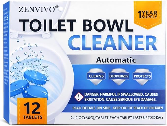 ZENVIVIO Automatic Toilet Bowl Cleaner Tablets, Blue Gel Toilet Tank Cleaners, Septic-Safe Hard Water Ring Stain Remover, Heavy Duty Toilet Deodorizer & Smell Eliminator, Fresh Scent, 12 Tabs
