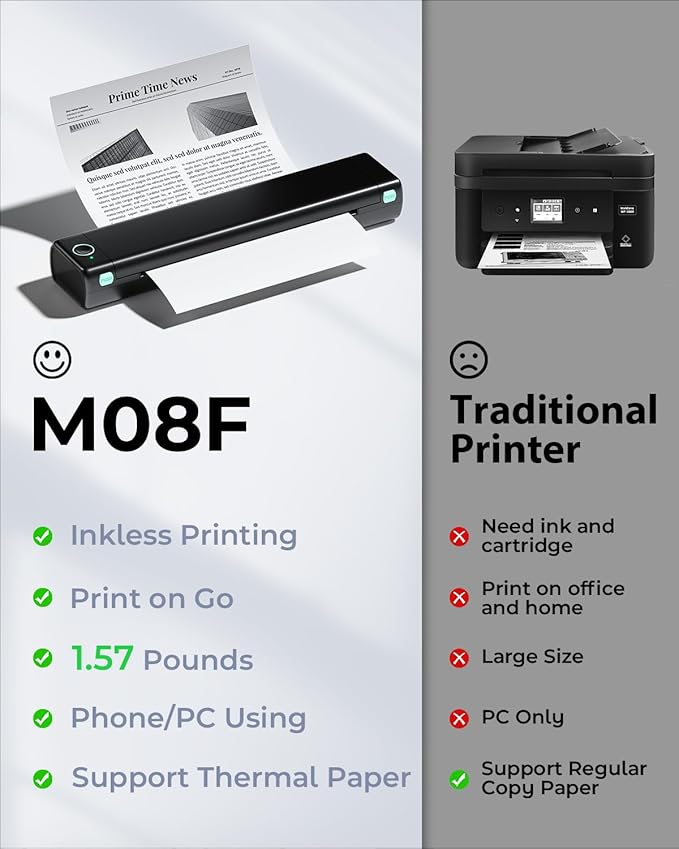 Phomemo Portable Printers Wireless for Travel, M08F Thermal Bluetooth Printer Support for 8.5"x11" US Letter, Small Inkless Printer Compatible with iOS, Android, Laptop for Car, Office, Home