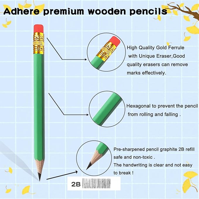 Adhere 25pcs Golf Pencils with eraser Hexagon Wooden Pencils Graphite 2B for Golf Event Scoring,Classroom,Wedding,Company Meetings,Pew, Pocket (Light Green)
