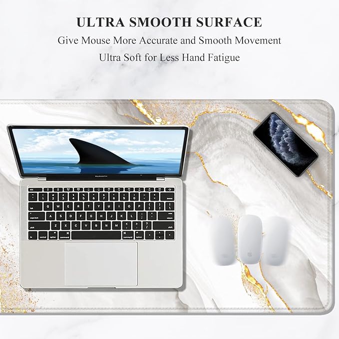 Auhoahsil Large Mouse Pad, XXL Gaming Mousepad, Desk Mat for Desktop, Thick Rubber, Big & Long Size, Stitched Edges, Full Desk Pad for Laptop & Computer, Extended 31.5 x 11.8 in, Gold Gray Marble