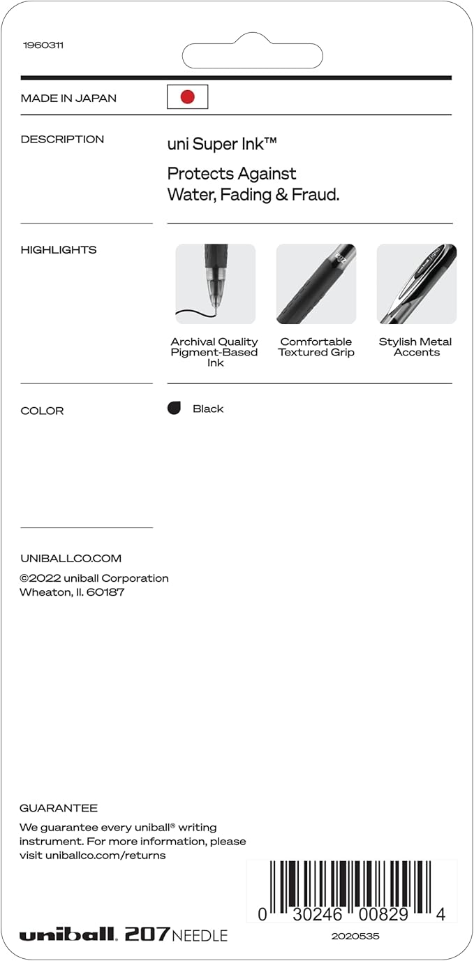 uniball 207 Needle Retractable Gel Pens, Medium Point (0.7mm), Black, 5 Pack