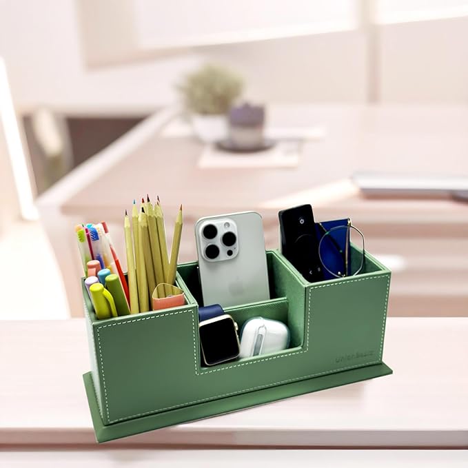 UnionBasic Desk Organizer, Desktop Caddy Leather Multi-compartment Pen Holder Office Stationer Organizer, Malachite Green