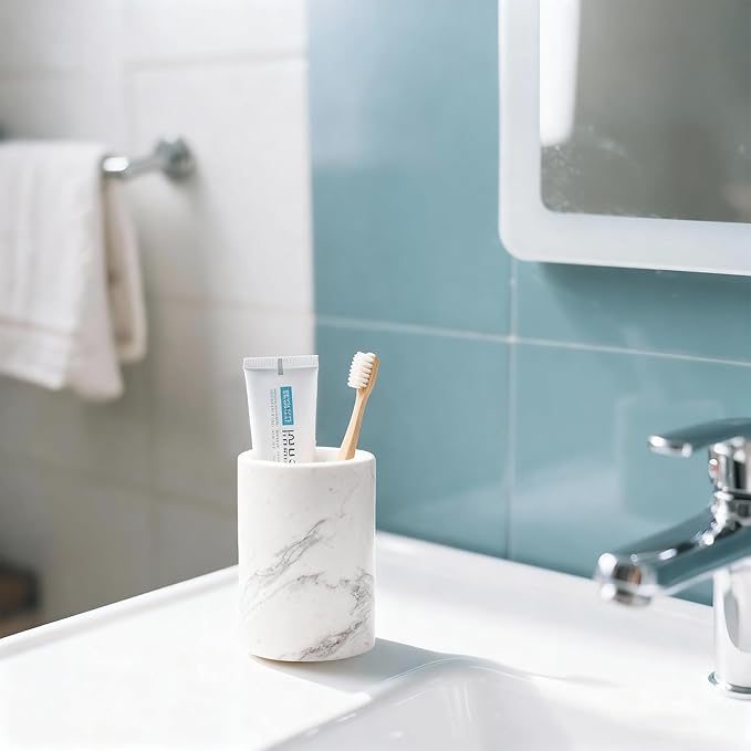 WORHE Natural Marble Pen Holder for Desk, Handcrafted Volakas Sturdy Desk Organizer for Office Supplies Storage Desktop Stationary Makeup Brushes Cup Pencil Holders for Home White (DL002)