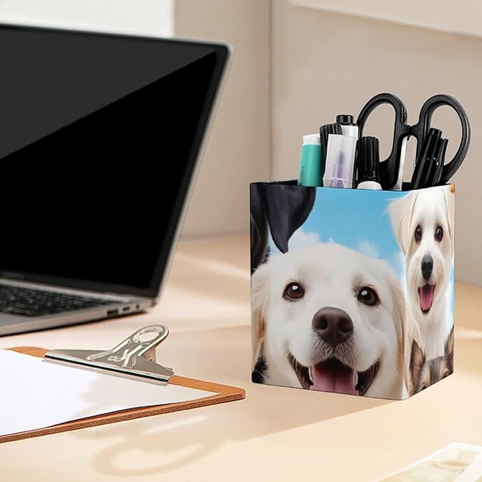 Pen Holder Square Leather Pencil, Holder Cup Makeup Brush Storage Organizer, Waterproof Multifunctional Office Supplies Cute Dogs
