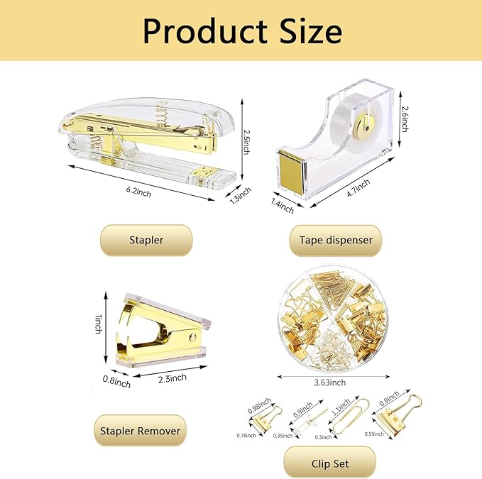 Office Supplies,Desk Accessories,with Stapler,Tape Dispenser,Staple Remover,Scissor,Ballpoint Pen,Clear Tape,Staples,Binder,Best Gift Set(Gold)