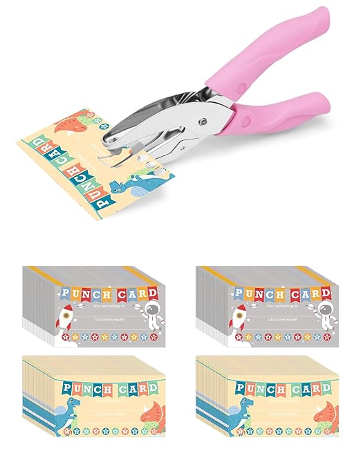 UCEC 200 Pieces Punch Cards for Classroom with Star Hole Punch Shapes, Incentive Loyalty Reward Card with Handheld Single Punch Kit to Behavior for Business Home School Kids Students Teachers