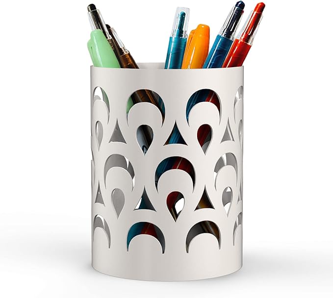 Mango Steam Metal Pen Holder, Makeup Brush Cup Organizer for Office, Bathroom, Vanity (White, Peacock)