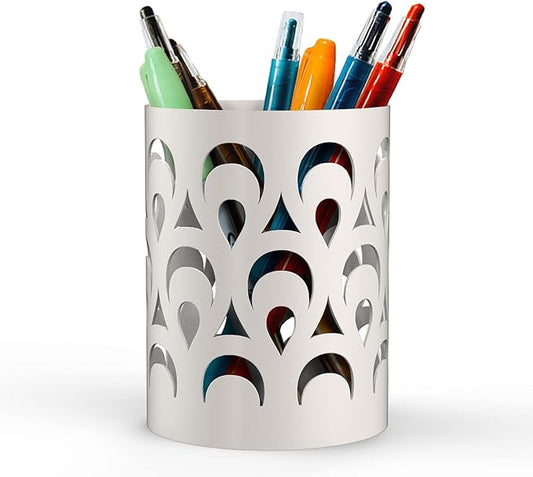 Mango Steam Metal Pen Holder, Makeup Brush Cup Organizer for Office, Bathroom, Vanity (White, Peacock)