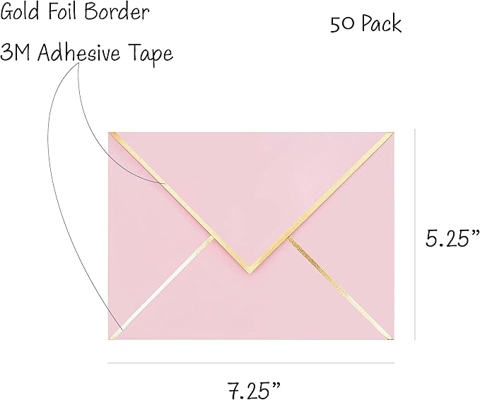 A7 Envelopes - V Flap Foil Border Luxury Mailing Envelopes for 5" x 7" Cards - for Wedding, Invitations, Baby Shower, Photos, Graduation, Birthday, Bridal Shower - 5.25" x 7.25" (Pink, 50 Pack)