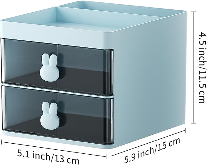 Marbrasse Small Desk Organizer with Drawer, Multi-Functional Pen Pencil Holder Storage Box, Desk Organizers and Accessories with 3 Compartments + 2 Drawer for Office Art Supplies(Blue)