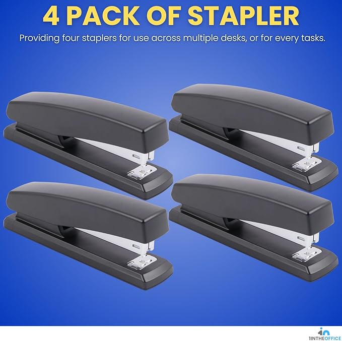 1InTheOffice Staplers for Desk, Heavy Duty Desk Stapler, Full Strip, 20-Sheet Capacity, Black, 4-Pack