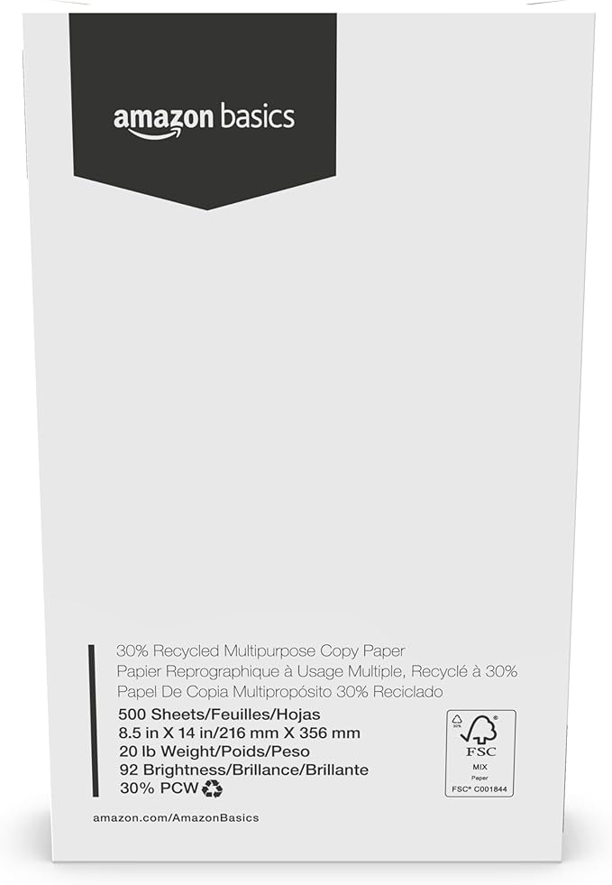 Amazon Basics 30% Recycled Multipurpose Copy Printer Paper, 8.5 x 14 Inches, 20 lb, 10 Ream, (5,000 Sheets), 92 Bright, White