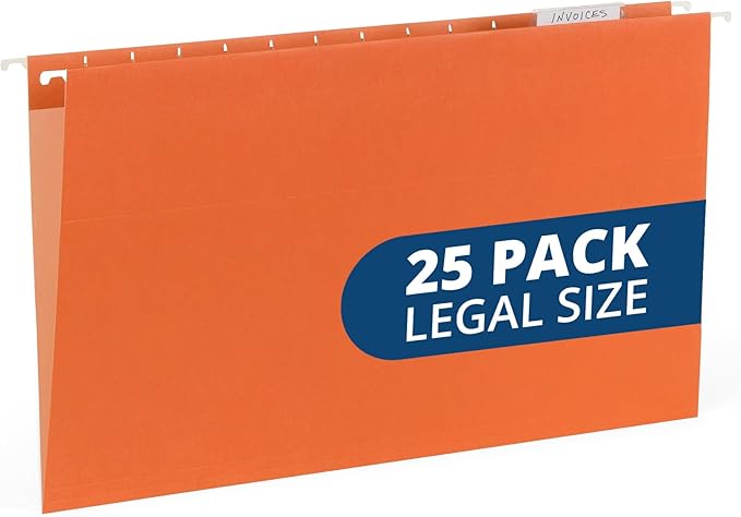 25 Blue Summit Supplies Legal Size Hanging Orange File Folders with Plastic Tabs and Inserts, 11pt Durable Paper, Legal Size File Folders for Office Organization