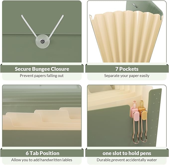 SKYDUE Accordion File Organizer, Expanding File Folder with 7 Pockets, Portable Receipt Paper Bill Document Organizer, Letter/A4 Size Filing Folder School Office Supplies, MossGreen