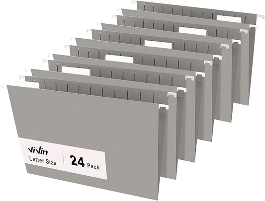 ViVin Hanging File Folders, 1/5-Cut Adjustable Tabs with 24 Per Box, 24 Pack Letter Size Hanging File Folders, Designed for Office Home School Filing Cabinet(Gray)