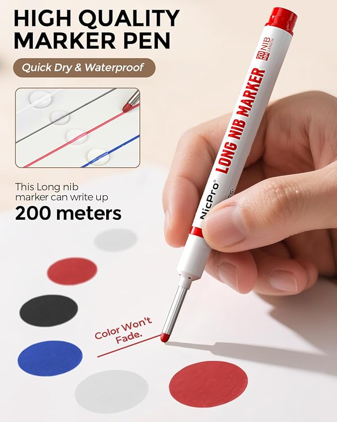 Nicpro 8 PCS Long Nib Marker Pens, 20mm Deep Hole Marker, Quick Dry & Waterproof Construction Markers, Long Head Markers for Metal, Steel, Tile, Glass, Carpenter Marking Pen for Woodworking (4 Colors)