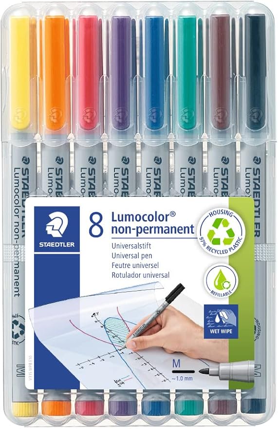 STAEDTLER Lumograph Non-Permanent Wet Erase Marker Pens, Medium Tip Refillable Colored Markers, 8 Pack, 315 WP8
