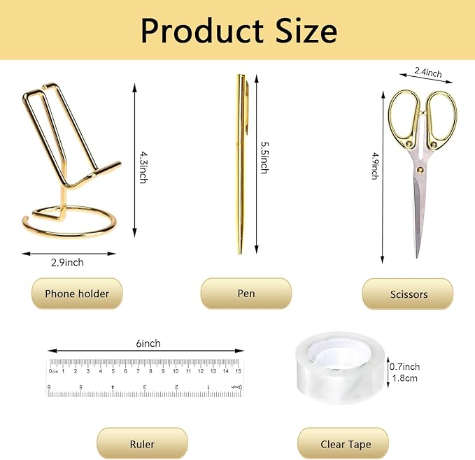 Office Supplies,Desk Accessories,with Stapler,Tape Dispenser,Pen Holder Cup for Desk,Staple Remover,Scissor,Ballpoint Pen,Clear Tape, Staples,Phone Stand,Ruler,Binder,Best Gift Set(Gold)