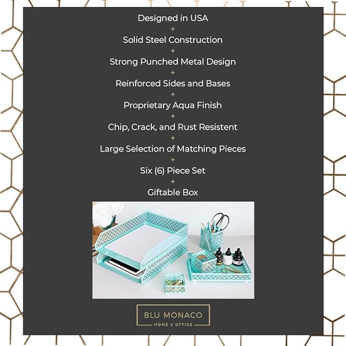 BLU MONACO Aqua Desk Organizer Set for Women – 6-Piece Interlocking Office Supplies Set, Pen Cup, 3 Accessory Trays & 2 Letter Trays, Rose Gold Paper Tray Holder