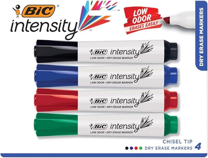 BIC Intensity Low Odor Dry Erase Markers, Assorted Colors, Chisel Tip, 4-Count Pack of Erasable Markers With Low-Odor Ink for a Pleasant Writing Experience