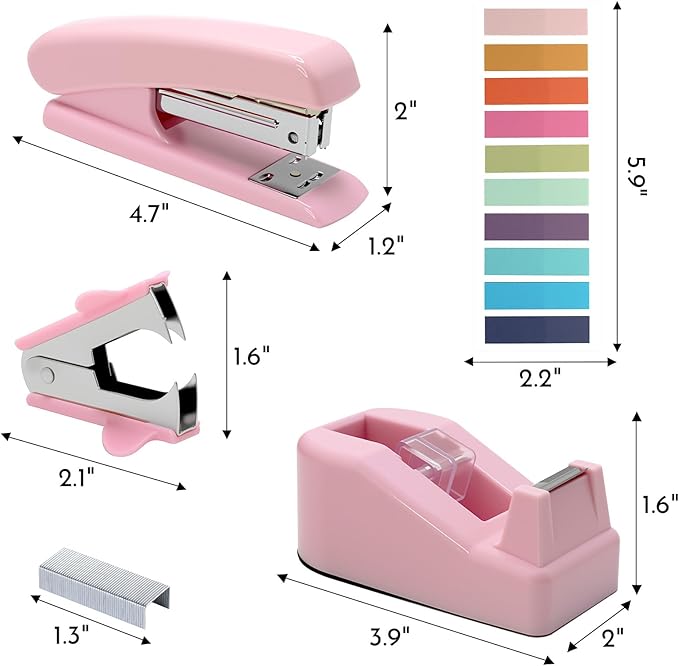 12pcs Pink Desk Accessories Office Supplies, Desk Organizers Set Stapler, Tape Dispenser Set, Staples, Clips, Scissor Gift for Students, Coworkers