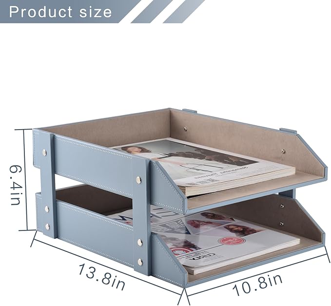 Leather Desk Letter Tray,Office Supplies Paper Organizer for Mail Paper Files Magazines Jewelry Cosmetics,Fashion Letter Holder& 2-Tier Multipurpos Stackable Office Desktop Storage Box,Grey