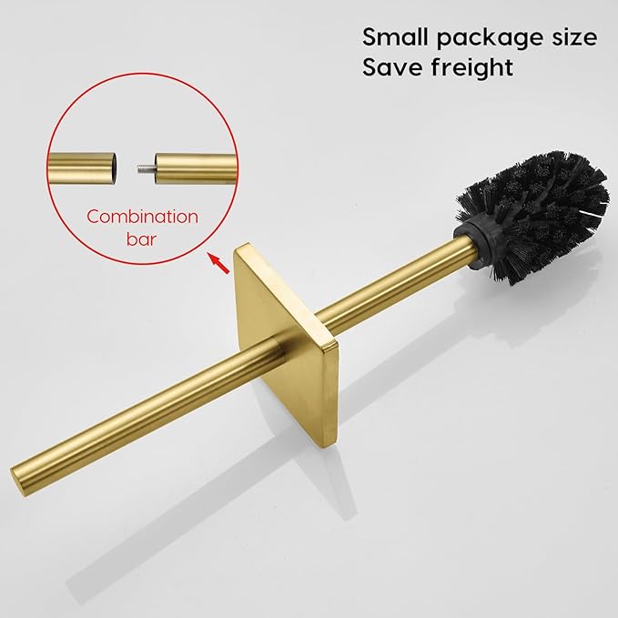 JOVYXIE Brushed Gold Stainless Steel Square Toilet Brush with Metal Lid Dual-Use Toilet Brush Holder with Drilled + Drill-Free Hook Base Includes Removable Inner Bucket (Brushed Gold)