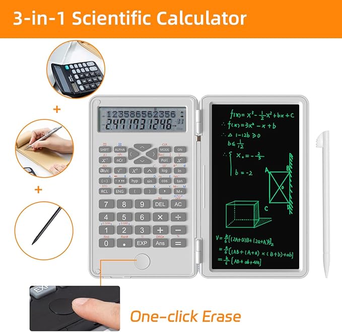 Scientific Calculator with Writing Pad, 240 Computing Functions, Foldable Case, HD Screen, Anti-Deletion Lock & One-Click Clear, Perfect for School, Finance & Engineering (White)