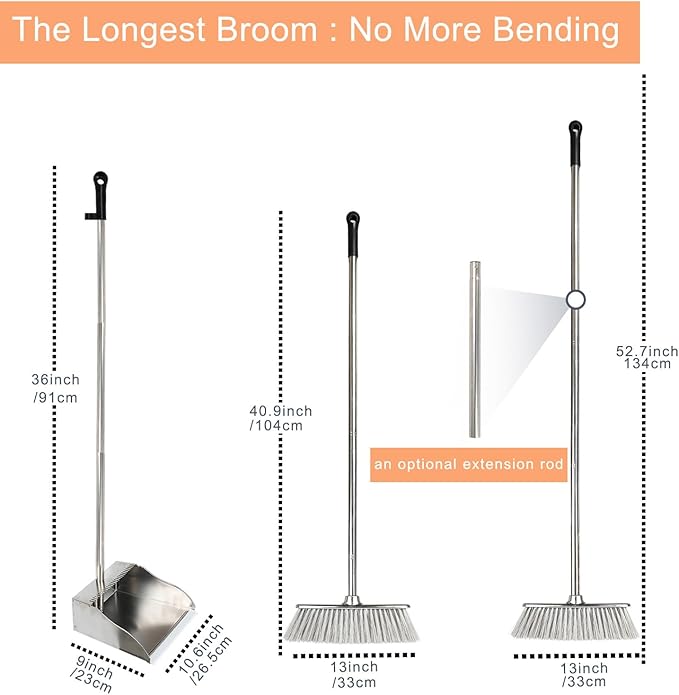 Metal Dustpan with Soft Bristles Broom Heavy Duty Stainless Steel Upright Standing Dust Pan and Broom for Sweeping Indoor Outdoor Home Kitchen Office Lobby Hardwood Floor Cleaning