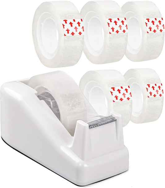 Desktop Tape Dispenser White with Weighted Nonskid Base - Includes 6 Rolls of Transparent Tape (0.71 Inch x 1000 inches Each)