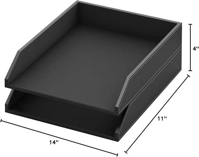Leather Paper Organizer, 2-Tier Letter Size Tray, Office Desk Organizers and Accessories for Desktop, Office Supplies - Black, 2-Pack