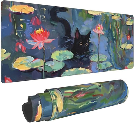 Cute Black Cat Lotus Gaming Mouse Mat Extended Large XL Mouse Pad Desk Mat Non-Slip Rubber Mice Pads Stitched Edges for Office and Home,31.5 X 11.8 X 0.12 Inches